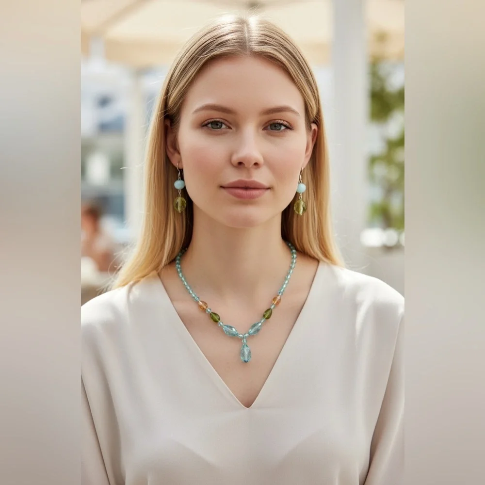 Lauren Conrad Beaded Necklace and Earring Set in‎ Hues of Blue, Green and Peach